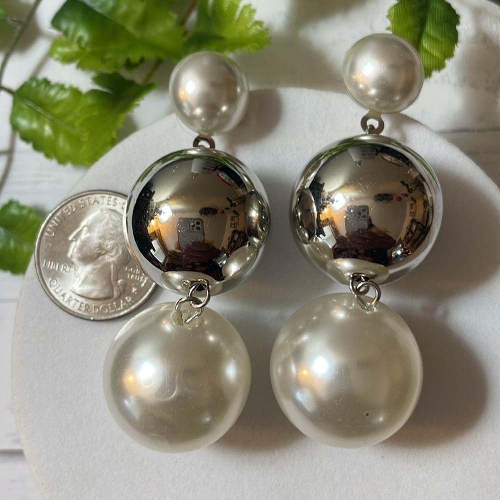 Pearl Silver Bauble Drop Earrings - Picture 13 of 16